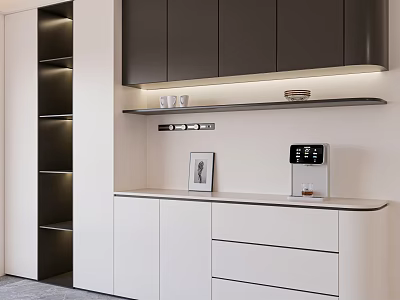 Modern Sideboard With White Cabinets Dark Open Shelf LED Lighting Water Dispenser And Storage Drawers 3d model