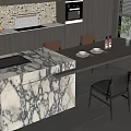 Modern Restaurant Interior With Marble Counter Dark Cabinets Dining Table And Large Windows 3d model