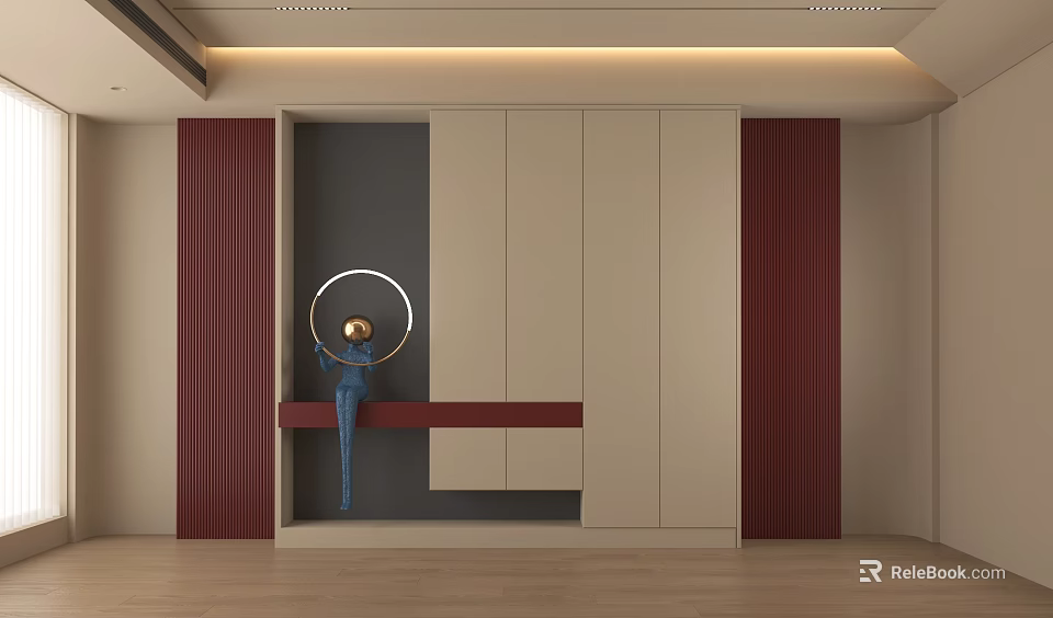 Modern Beige Shoe Cabinet with Dark Red Vertical Striped Sides Round Mirror and Blue Sculpture 3d model 