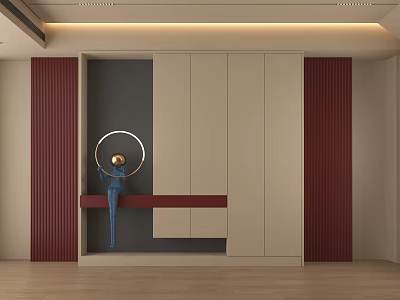 Modern Beige Shoe Cabinet with Dark Red Vertical Striped Sides Round Mirror and Blue Sculpture 3d model