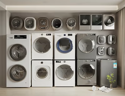 Multiple Modern Washing Machines Display with Various Models Styles and Colors 3d model