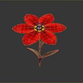 Vibrant Red Flower With Green Stem Leaves And Yellow Black Center On Gray Background