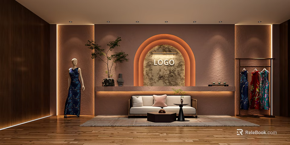Modern Public Office Area With Mannequin In Blue Dress Arched Decoration Sofa And Plants 3d model 