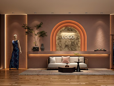 Modern Public Office Area With Mannequin In Blue Dress Arched Decoration Sofa And Plants 3d model