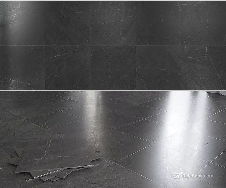 Polished Gray Tile Components Stacked On Floor With Matching Wall Tiles In Modern Space 3d model 