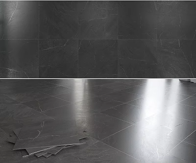 Polished Gray Tile Components Stacked On Floor With Matching Wall Tiles In Modern Space 3d model