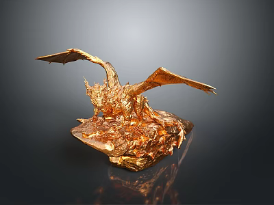 Golden Dragon Mythical Creature Sculpture With Spread Wings On Rocky Base 3d model