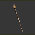 Carved Wooden Staff With Decorative Top And Polished Brown Beige Surface