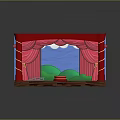 Indoor Stage Scene with Red Curtains Blue Backdrop Green Hills and Wooden Floor
