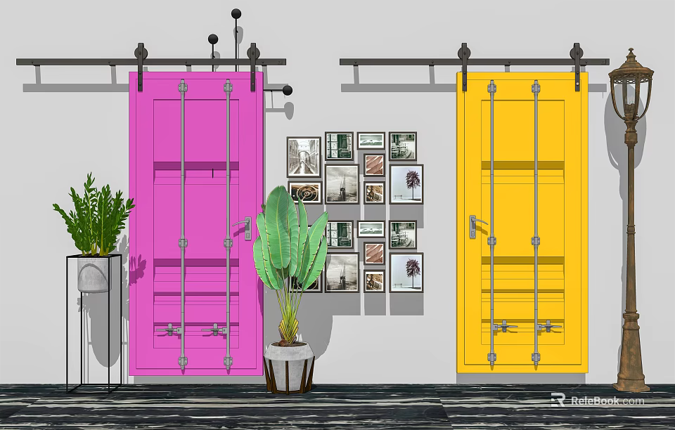 Pink and Yellow Barn Doors in Interior Space with Green Plants and Photo Wall 3d model 