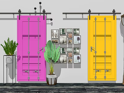 Pink and Yellow Barn Doors in Interior Space with Green Plants and Photo Wall 3d model