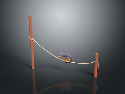 Purple Small Train On Rope Between Two Brown Poles With Gray Background And Reflective Ground 3d model
