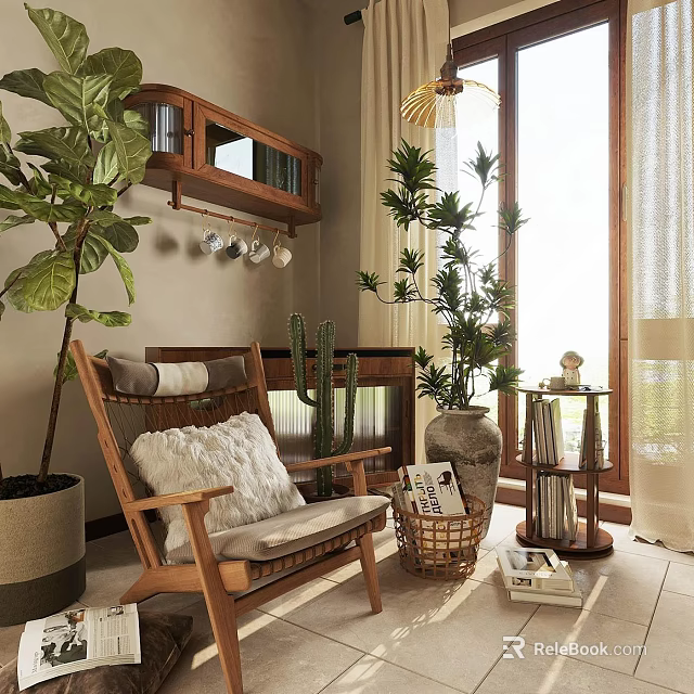 Cozy Wooden Leisure Chair With Plush Pillow And Green Plants In Bright Room 3d model 