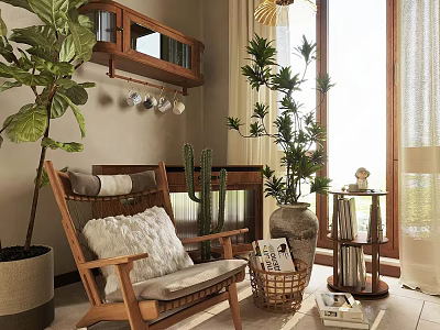 Cozy Wooden Leisure Chair With Plush Pillow And Green Plants In Bright Room 3d model