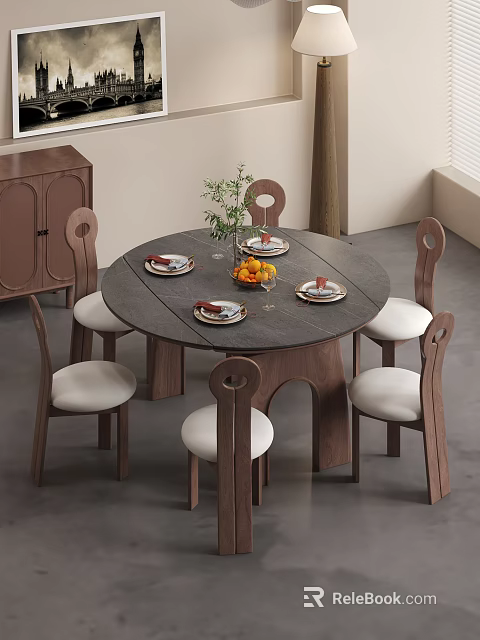 Round Dark Wooden Table With Curved Back White Padded Chairs Fruit Plants In Modern Dining 3d model 