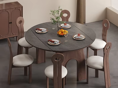 Round Dark Wooden Table With Curved Back White Padded Chairs Fruit Plants In Modern Dining 3d model