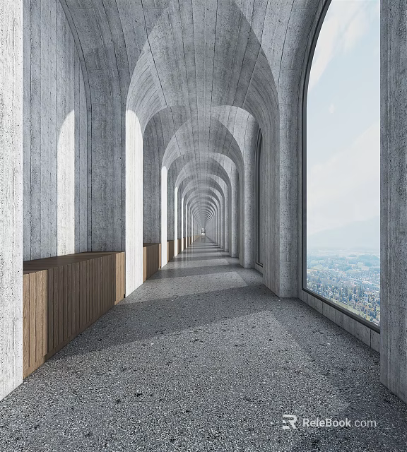 Modern Office Corridor With Concrete Archways Large Windows City View And Wooden Railings 3d model 