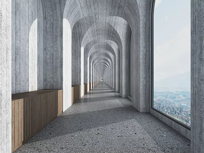 Modern Office Corridor With Concrete Archways Large Windows City View And Wooden Railings 3d model