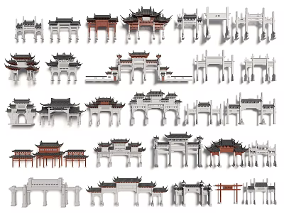 Chinese Traditional Memorial Archways In Various Styles With Red Gray Designs And Carved Details 3d model