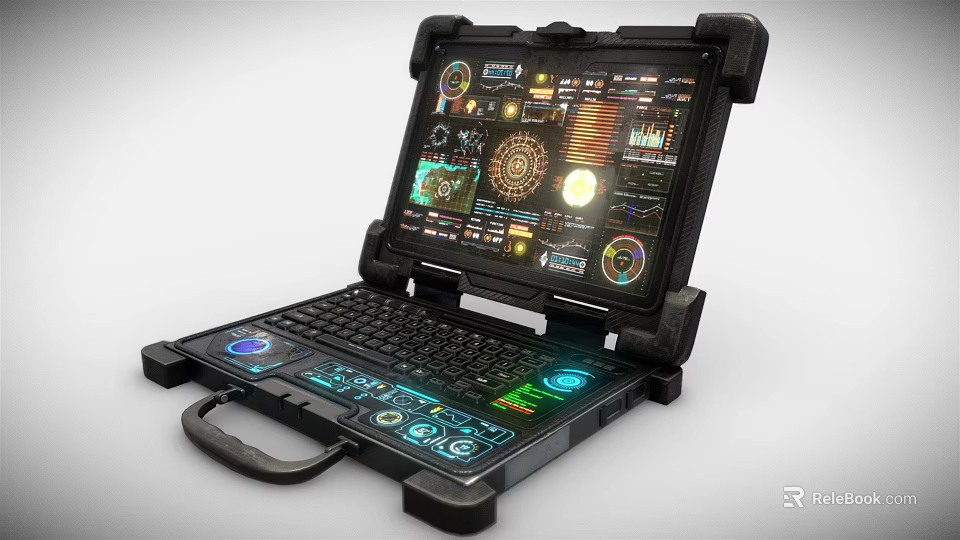 Rugged Laptop With Protective Case Showing Complex Interface With Colorful Dials And Charts 3d model 