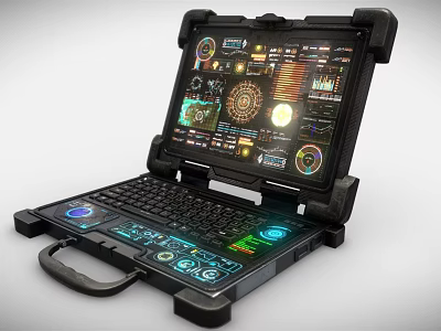 Rugged Laptop With Protective Case Showing Complex Interface With Colorful Dials And Charts 3d model