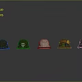 Five Colored Hats With Various Designs And Red Brims On Gray Background
