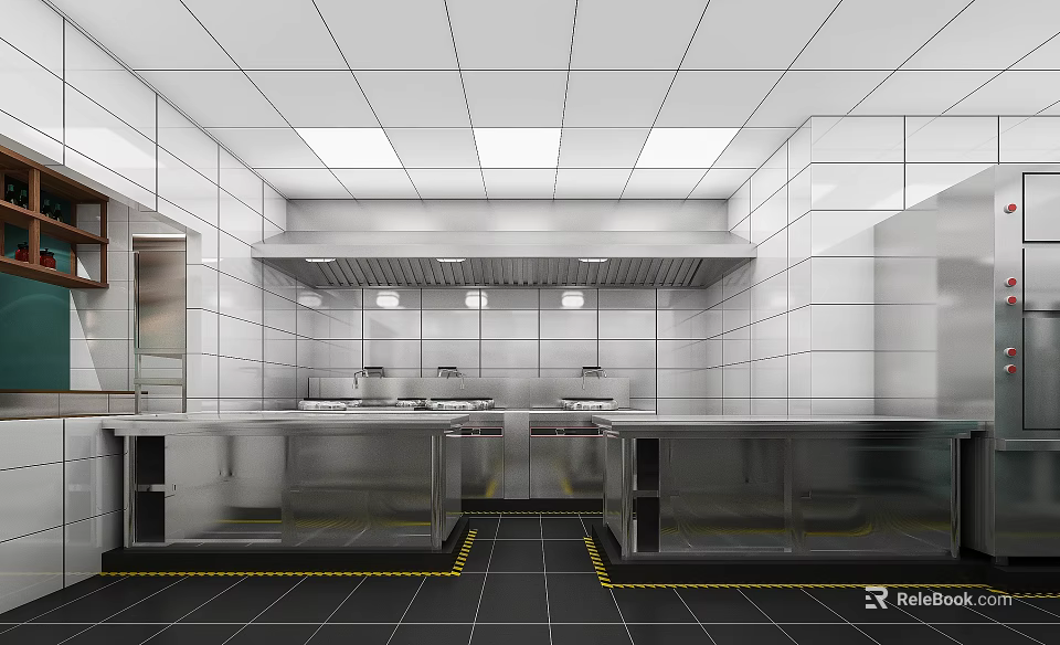 Commercial Restaurant Kitchen Interior With Stainless Steel Worktables White Tiled Walls And Black Floor Tiles 3d model 