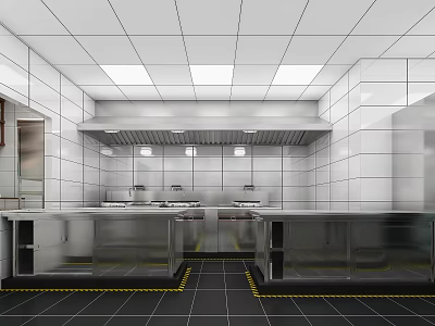 Commercial Restaurant Kitchen Interior With Stainless Steel Worktables White Tiled Walls And Black Floor Tiles 3d model