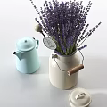 Decorative Beige Vase With Purple Lavender Flowers Light Blue Kettle And Small Potted Yellow Flower