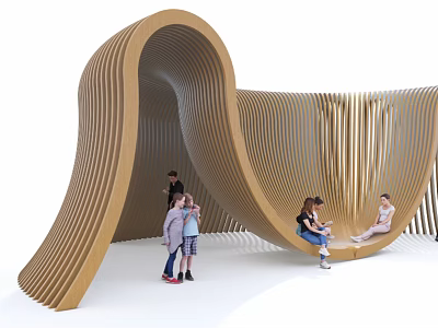 Curved Wooden Wave Structure With People Sitting And Interacting In Public Space 3d model