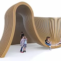 Curved Wooden Wave Structure With People Sitting And Interacting In Public Space