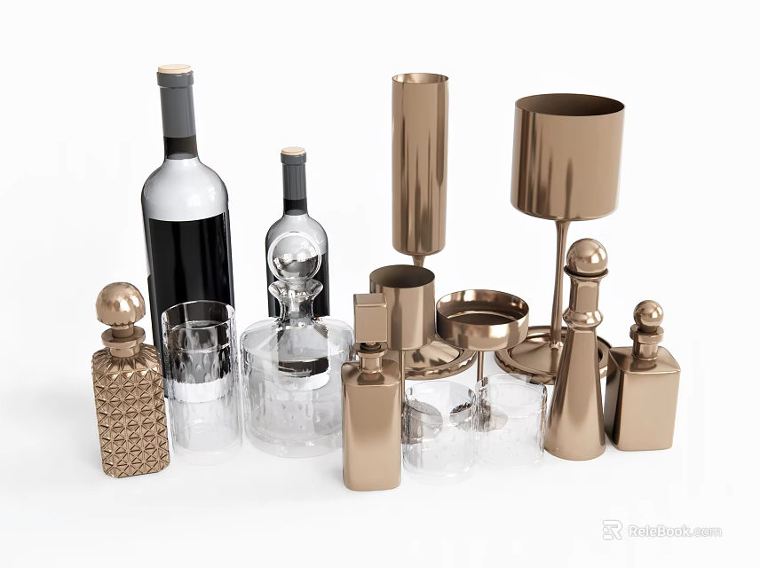 Elegant Wine Bottles And Glasses With Glass Metal Decorative Vessels On 3d model 