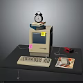Vintage Computer Workstation With Tower Alarm Clock Stacked Books Keyboard Mouse On Desk