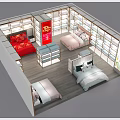 Mall Retail Counter Featuring Bedroom Furniture With Beds Display Shelves And Red Decor Lighting