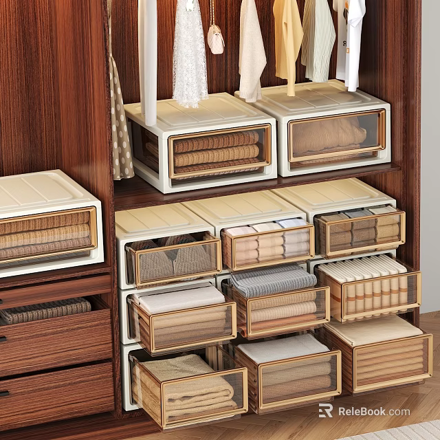 Organized Wardrobe Interior With Layered Wooden Drawers And Transparent Storage Boxes 3d model 