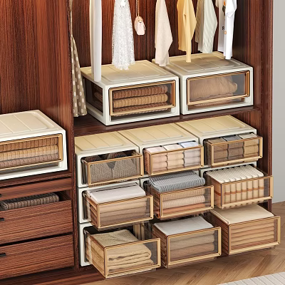 Organized Wardrobe Interior With Layered Wooden Drawers And Transparent Storage Boxes 3d model