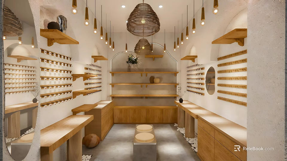 Minimalist Boutique Interior Featuring Wooden Shelves Hanging Lights And Display Areas 3d model 