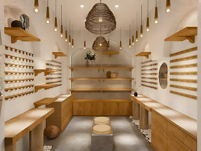 Minimalist Boutique Interior Featuring Wooden Shelves Hanging Lights And Display Areas 3d model