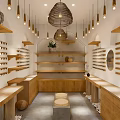 Minimalist Boutique Interior Featuring Wooden Shelves Hanging Lights And Display Areas