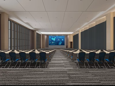 Modern Spacious Conference Room With Blue Chairs And Large Display Screen 3d model