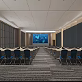 Modern Spacious Conference Room With Blue Chairs And Large Display Screen