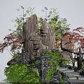 Courtyard Garden With Stone Rock Formations Bamboo Plants Red Maple Leaves And Stone Lanterns