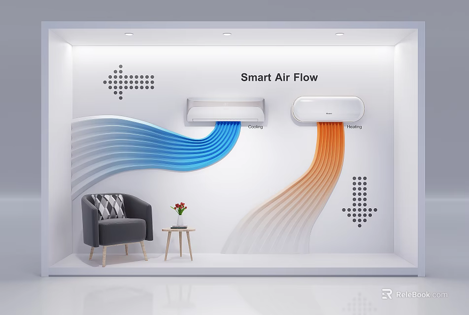Smart Air Flow Showcase With Air Conditioners Blue Orange Flow Lines Gray Armchair And Side Table 3d model 