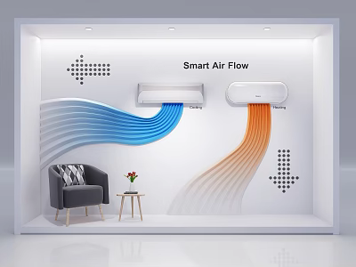 Smart Air Flow Showcase With Air Conditioners Blue Orange Flow Lines Gray Armchair And Side Table 3d model