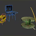 Outdoor Grilling Setup With Portable Grill Yellow Cart Wooden Round Table And Surfboard