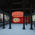 Traditional Chinese Architecture Interior With Red Circular Arch And Wooden Corridor Design