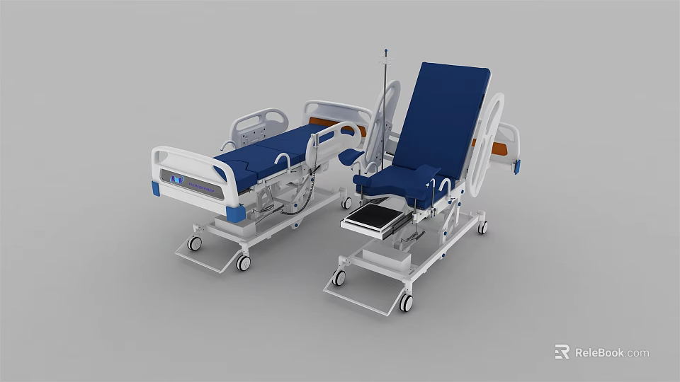 Modern Medical Beds With Adjustable Backrests Blue And White Upholstery And Mobile Wheels 3d model 