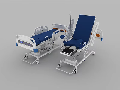 Modern Medical Beds With Adjustable Backrests Blue And White Upholstery And Mobile Wheels 3d model