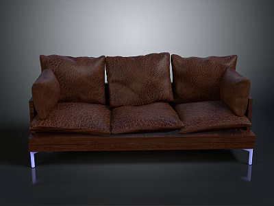 Brown Leather Three Seater Sofa With Wooden Frame And Metal Legs 3d model