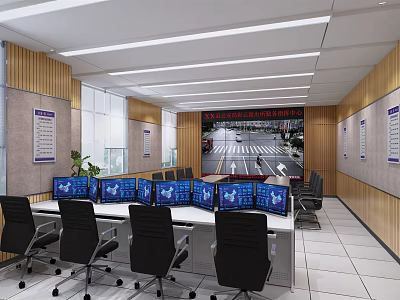 Monitoring Room Interior Featuring Multiple Computer Monitors Desks Black Chairs Wall Display Showing Street View 3d model